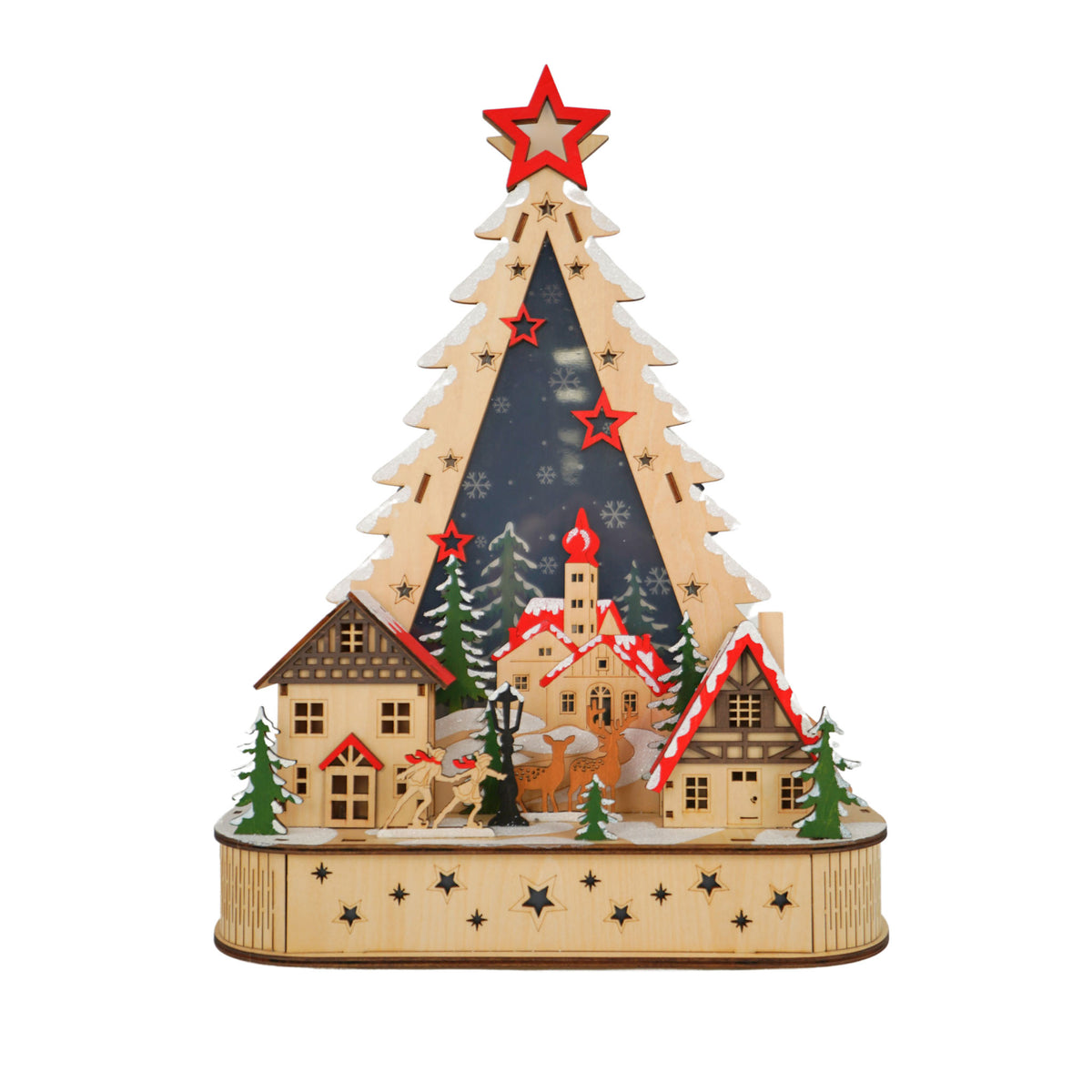 Christmas Tree Lighted Wooden Village Scene