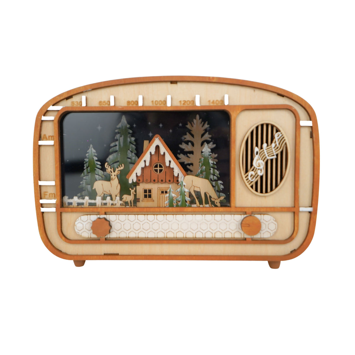 Natural Radio Lighted Wooden Deer Forest  Scene