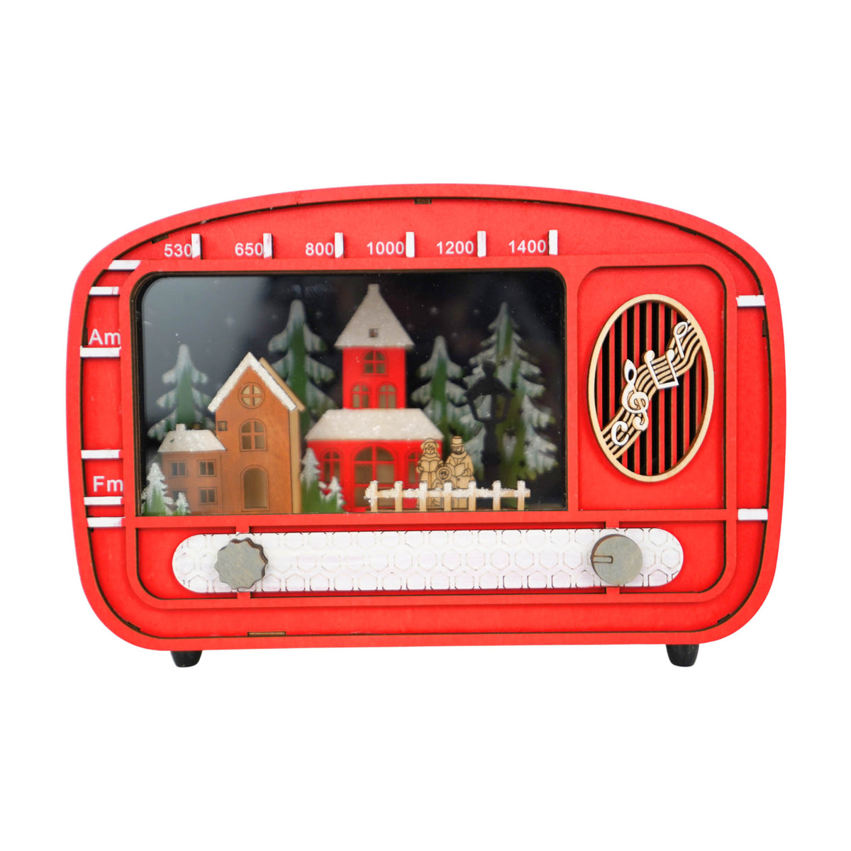 Red Radio Lighted Wooden Christmas Church Scene