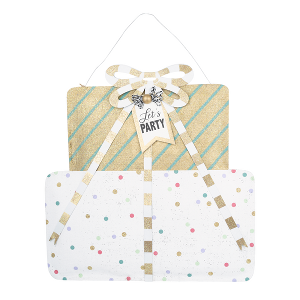 A reversible holiday decoration with one side featuring a 'Let's Party' theme with stripes and text, and the other side resembling a Christmas present with a white background and multicolored dots.