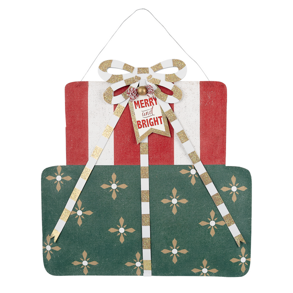 A reversible holiday decoration with one side featuring a 'Let's Party' theme with stripes and text, and the other side resembling a Christmas present with a white background and multicolored dots.