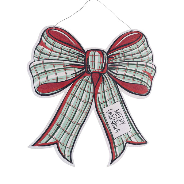Plaid Christmas bow with 'Merry Christmas' banner on a white background