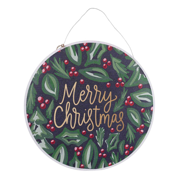 Circular Christmas decoration with holly leaves and berries on a dark background, featuring the text 'Merry Christmas'.