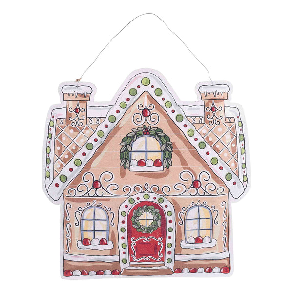 Decorative gingerbread house sign with a wreath on a white background