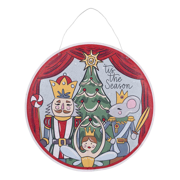 Circular Christmas sign with Nutcracker scene and 'Tis the Season text.