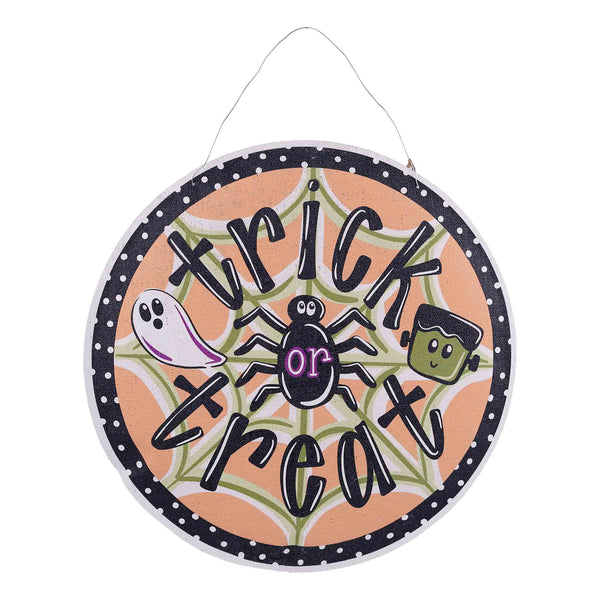 Halloween-themed decorative sign with spider, ghost, and zombie design on a white background.