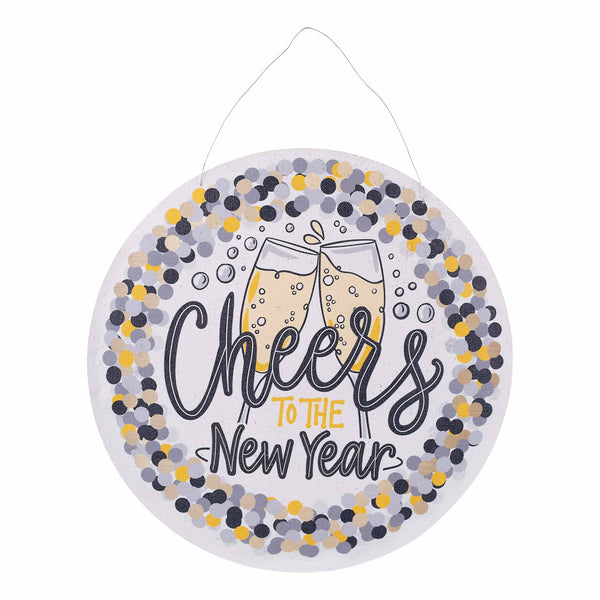 Round decorative sign with 'Cheers to the New Year' text and champagne glasses on a white background.