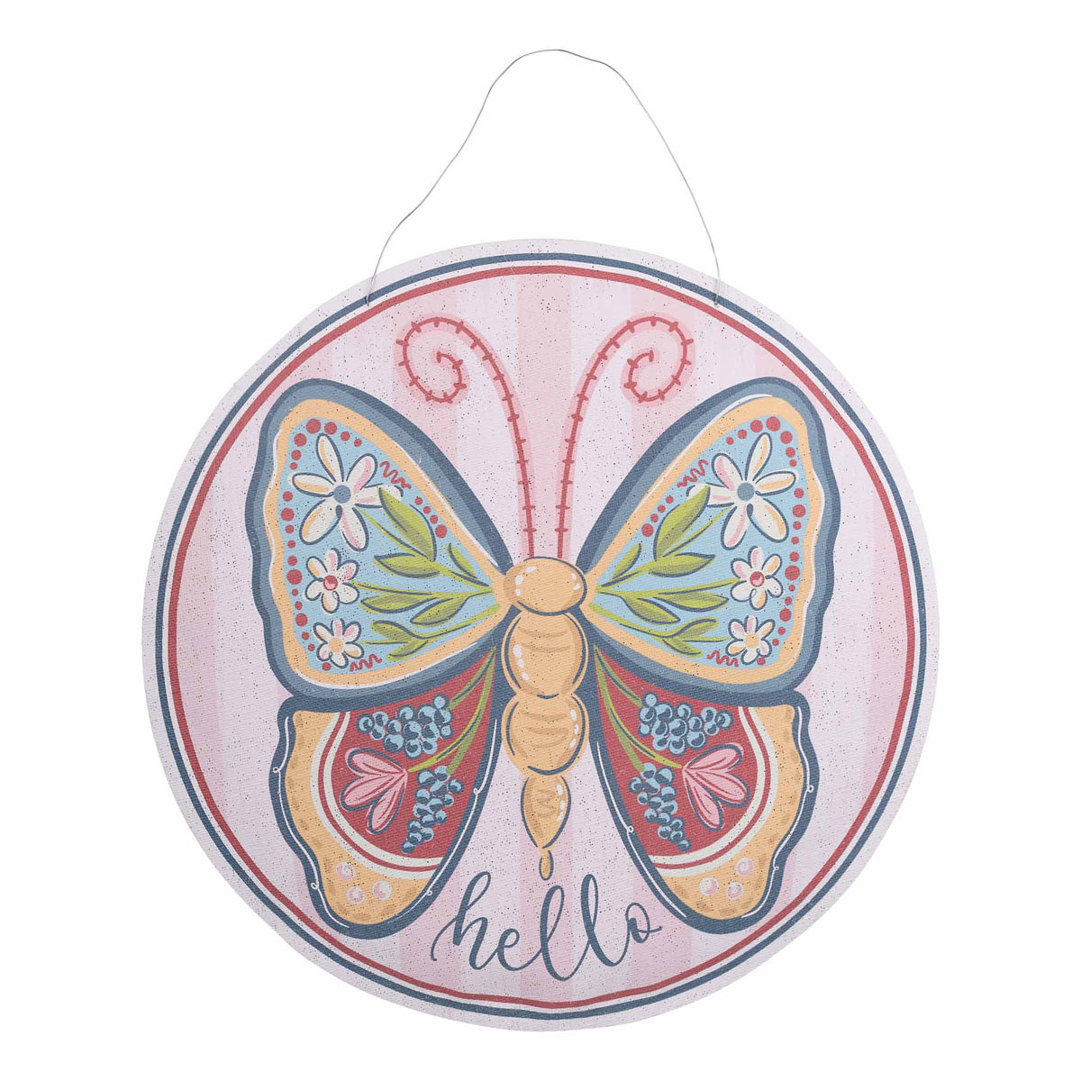 Decorative round sign with a colorful butterfly design and 'hello' text on a white background