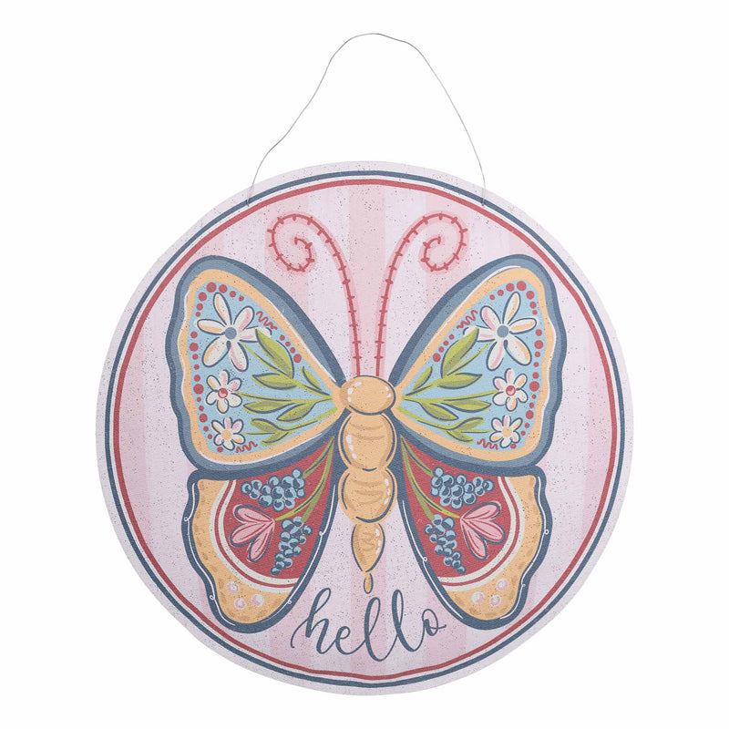 Decorative round sign with a colorful butterfly design and 'hello' text on a white background