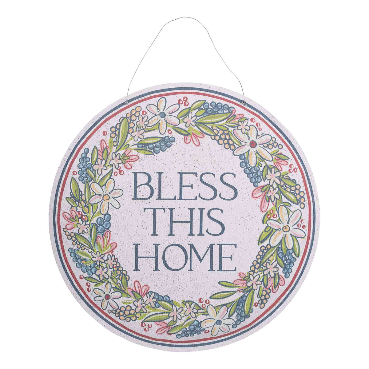 Round decorative sign with floral wreath and 'Bless This Home' text on a white background