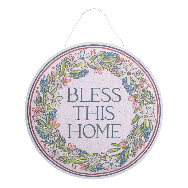 Round decorative sign with floral wreath and 'Bless This Home' text on a white background