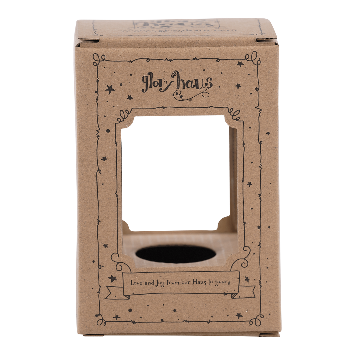 Brown cardboard box with decorative text and a clear window on a white background