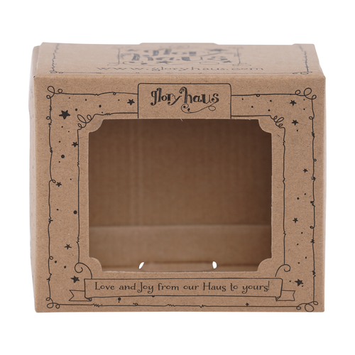 Brown cardboard box with decorative elements and text on a white background