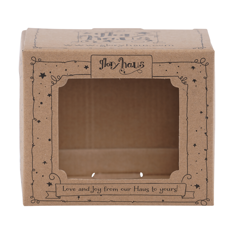 Brown cardboard box with decorative elements and text on a white background