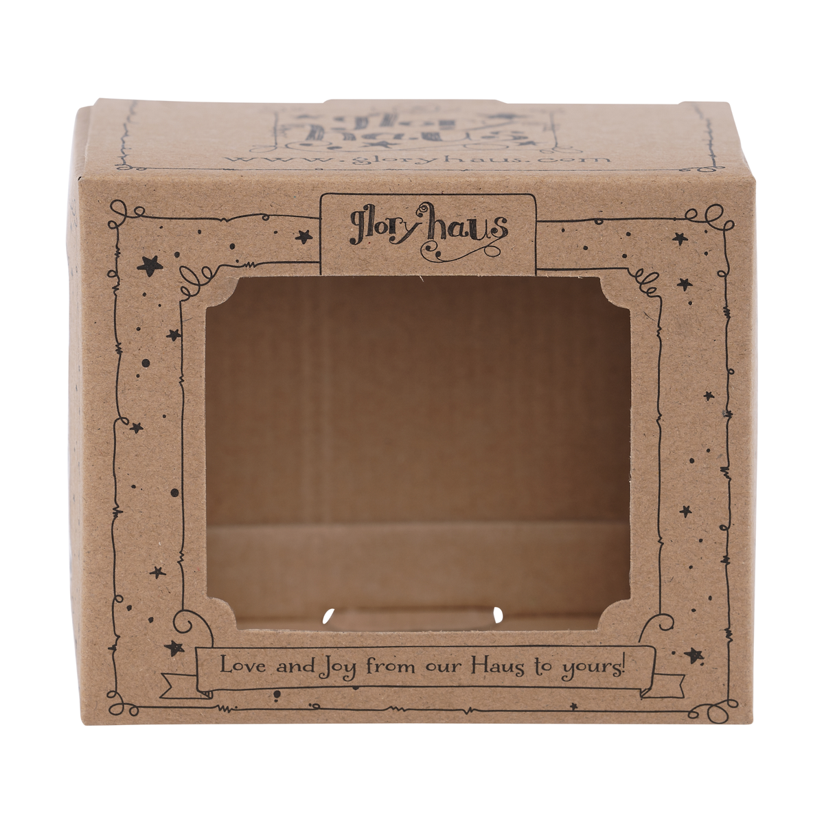 Brown cardboard box with decorative elements and text on a white background