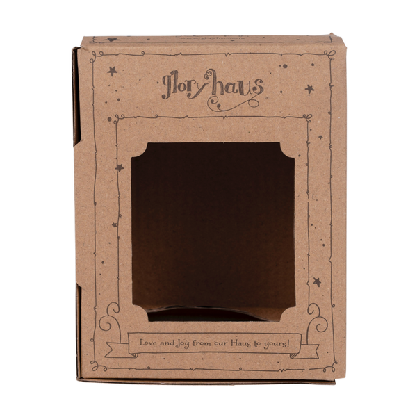 Brown cardboard box with 'Glory Haus' branding on a white background