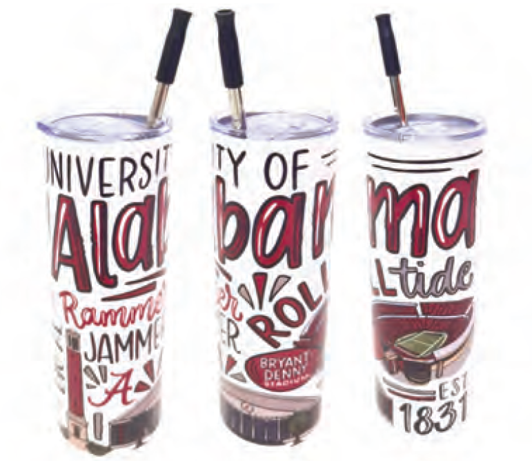 Three tumblers with 'University of Alabama' text and graphics on a white background