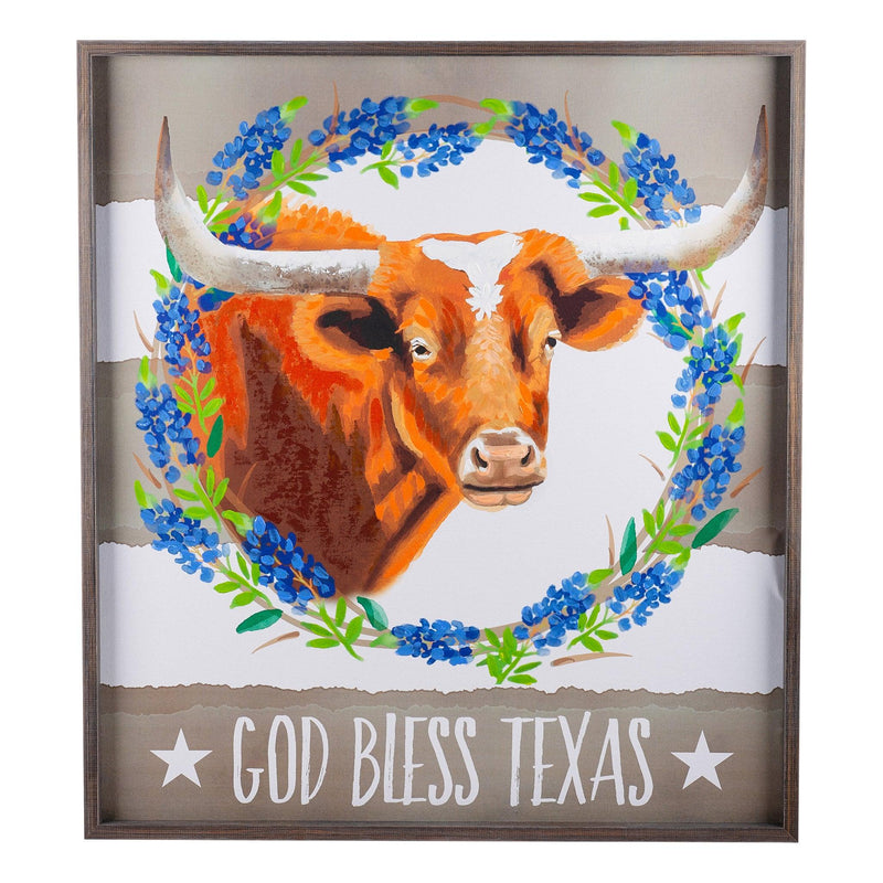 God Bless Texas Longhorn Framed Canvas - GLORY HAUS 