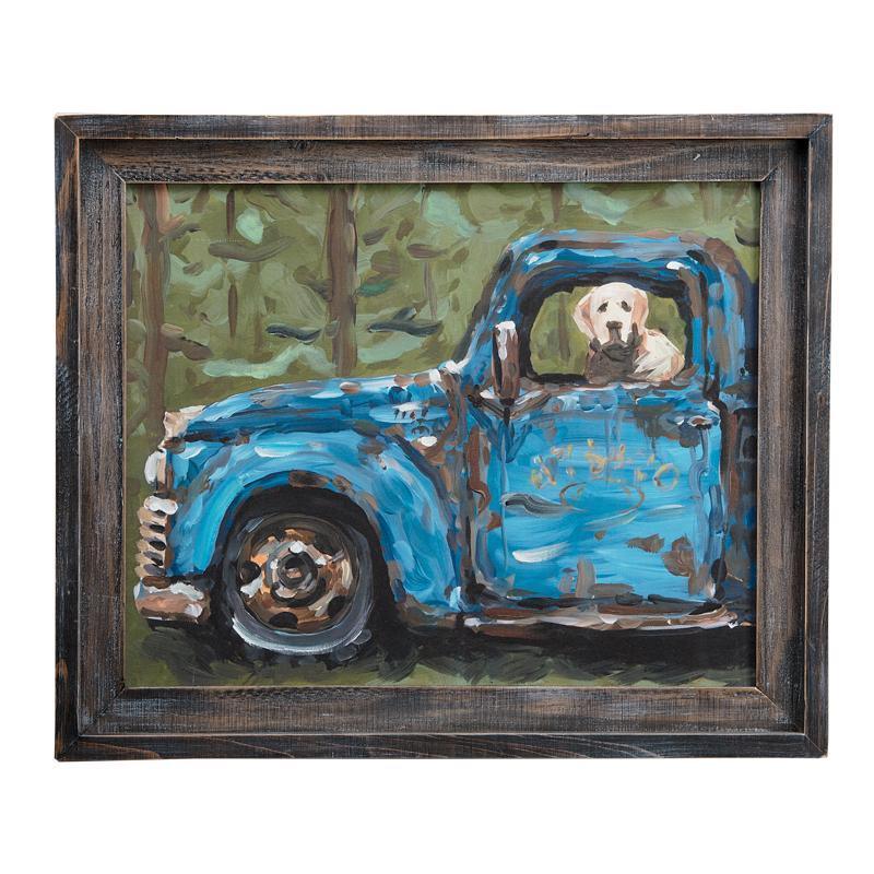 Dog in Blue Truck Framed Canvas - GLORY HAUS 
