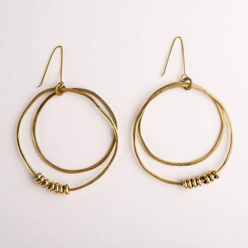 Hammered Brass Double Hoop with Beads Earrings - GLORY HAUS 