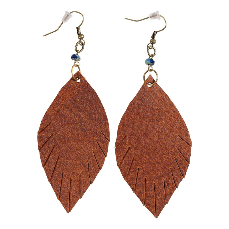 ROP-Cognac Leather Feather Earring Med - GLORY HAUS 