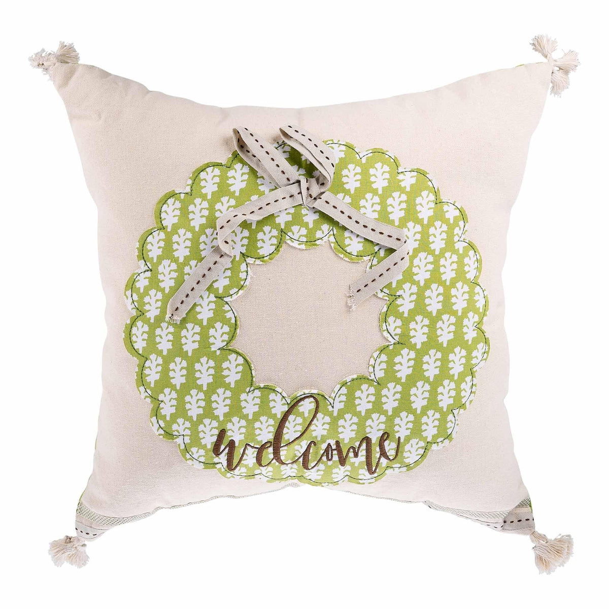 Green Welcome Wreath Pillow - GLORY HAUS 